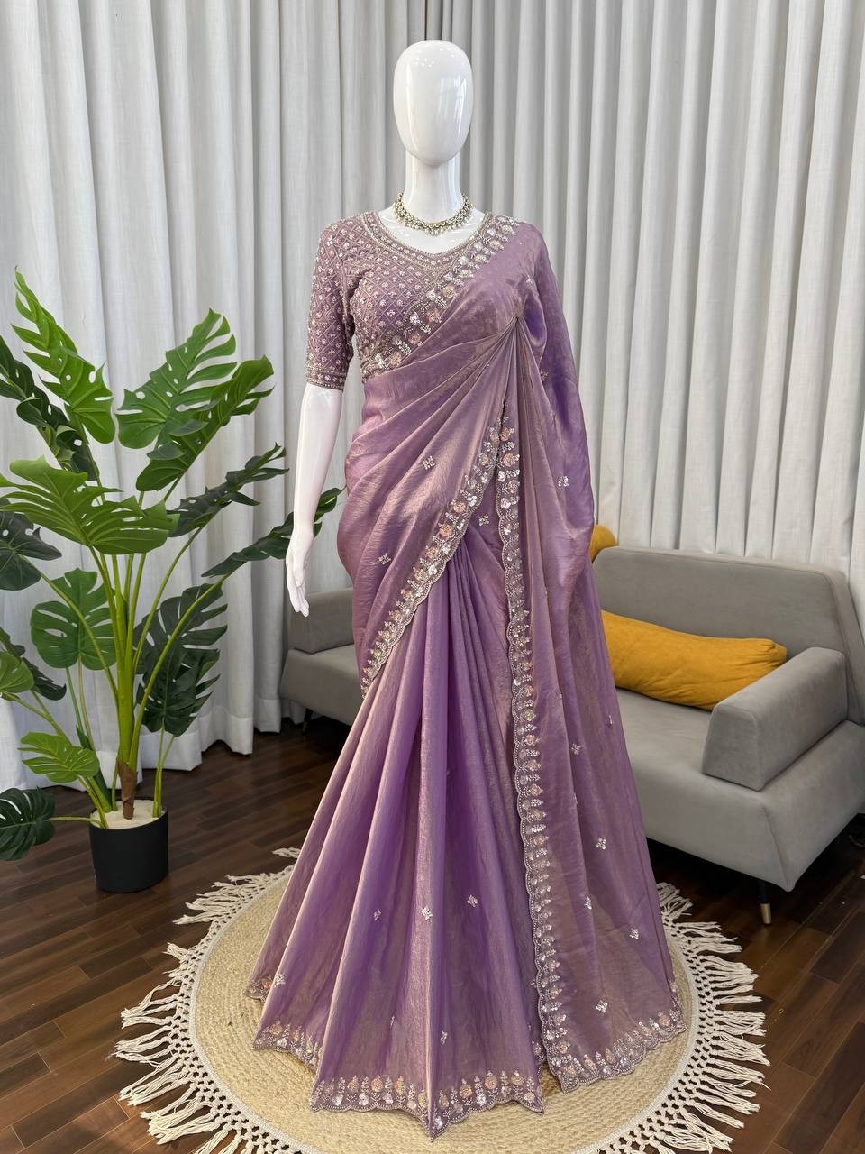 Indian Style Silk Lavender Saree With Blouse For Reception Wear