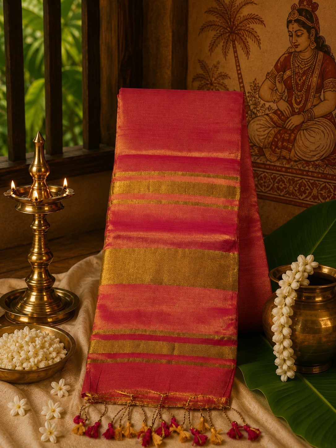 Mul Mul Cotton Saree Vibrant Gold and Red double shade golden zari line🌸