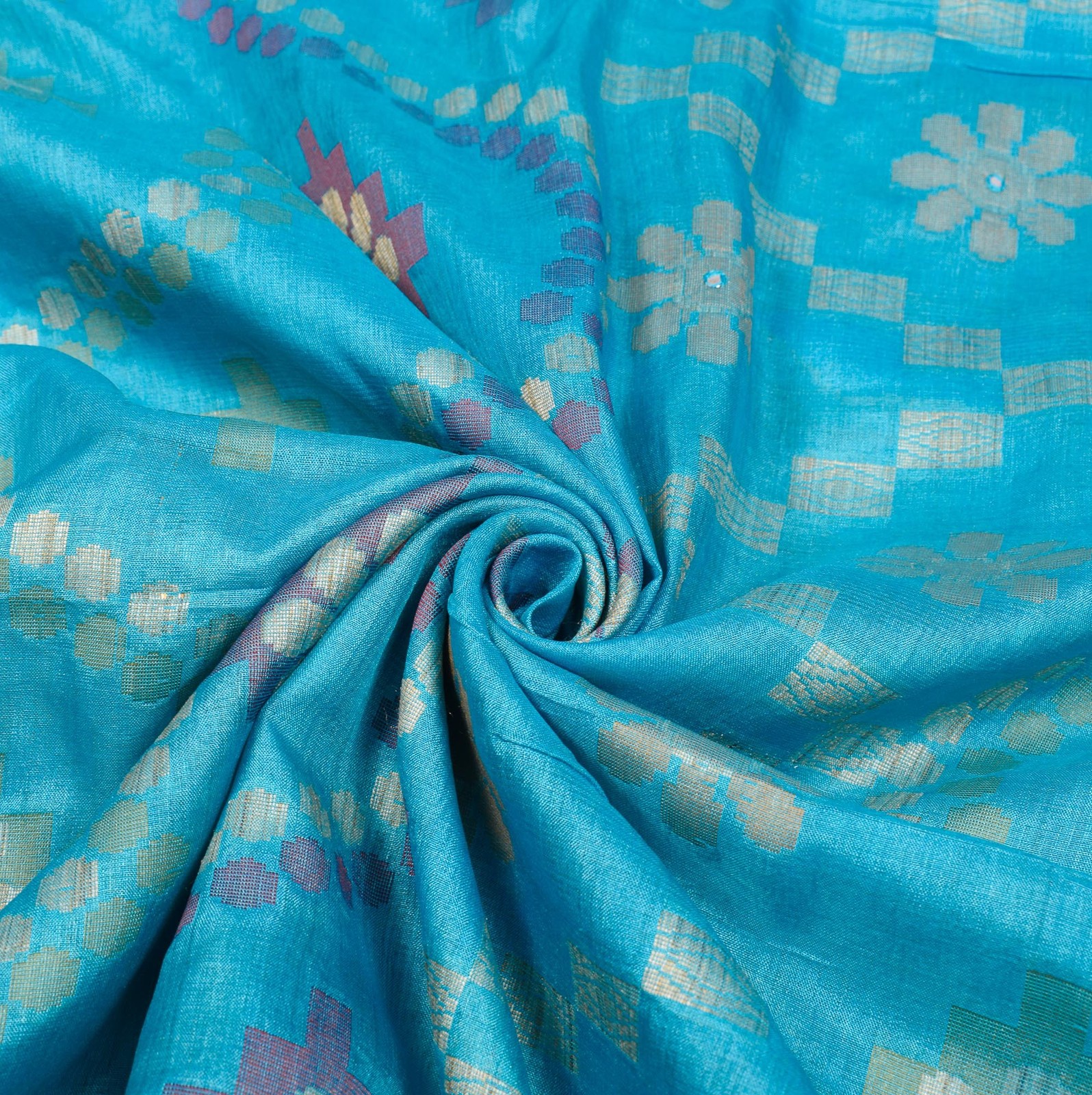 Sushila Vintage Turquoise Blue Saree Woven Mirror Work Pure Tussar Sari Craft Fa