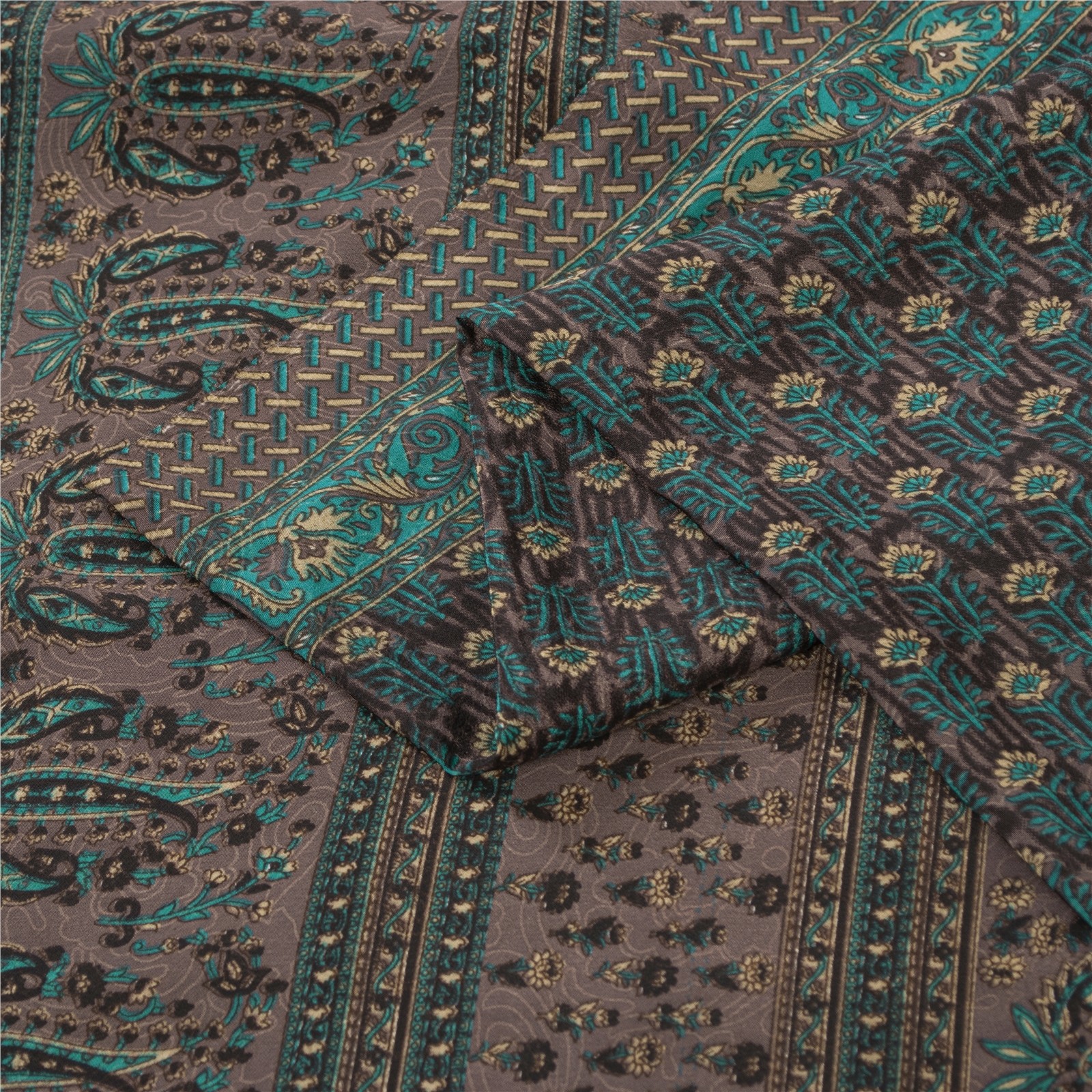 Sanskriti Vintage Brown Indian Sarees Moss Crepe Printed Sari 5+Yd Craft Fabric