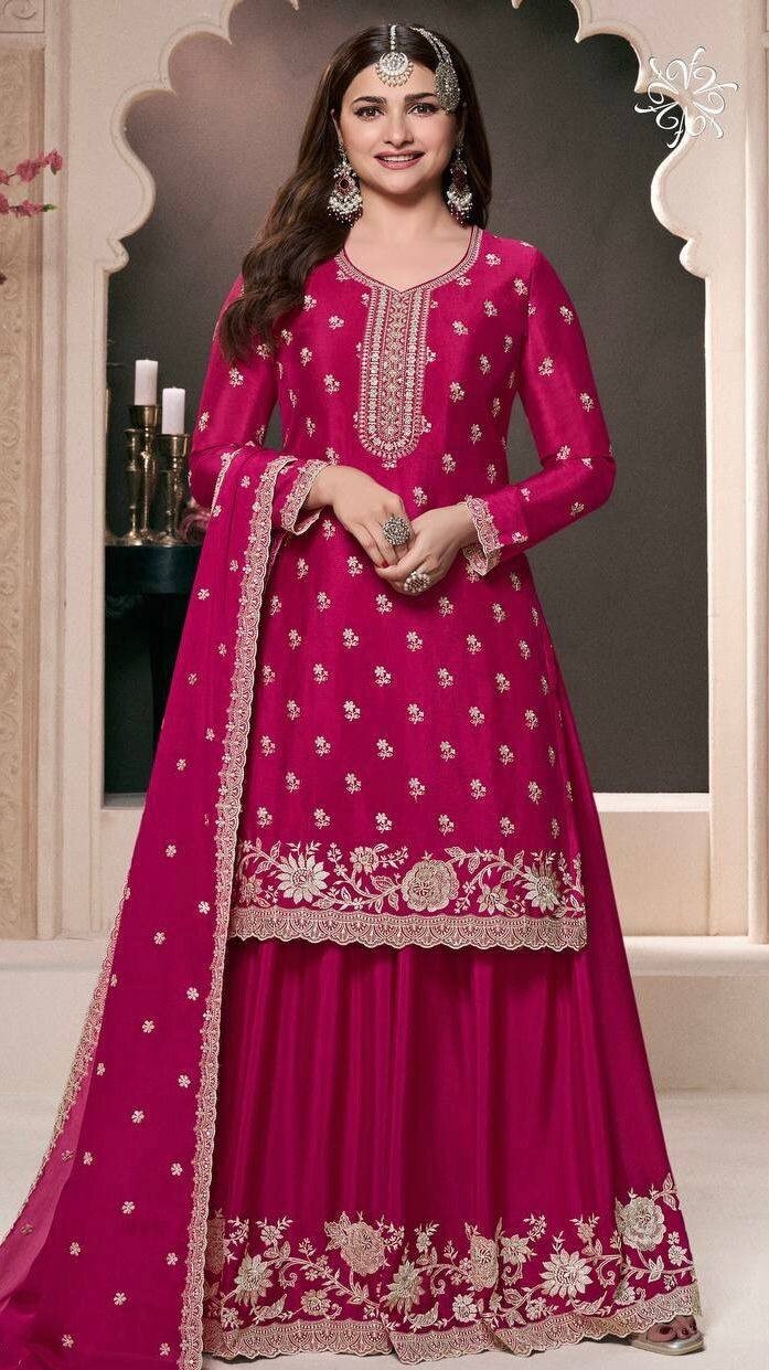 Engagement Wear Pink Chinon Silk Kurta Palazzo With Dupatta For Women & Girls