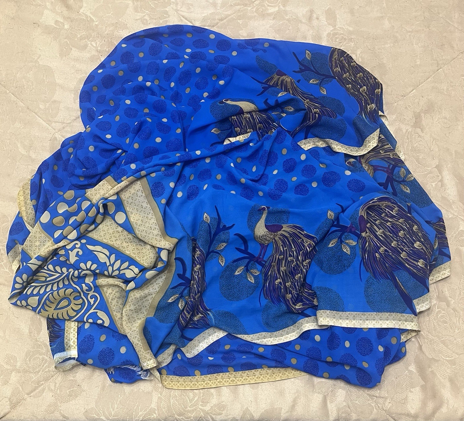 Indian / Pakistani Large Sari Saree Wrap Cloth Blue & Gold w/ Peacocks 168″