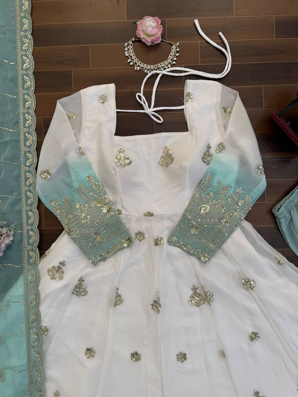 Latest Star Georgette White Gown Bottom With Dupatta For Indian Party Wear