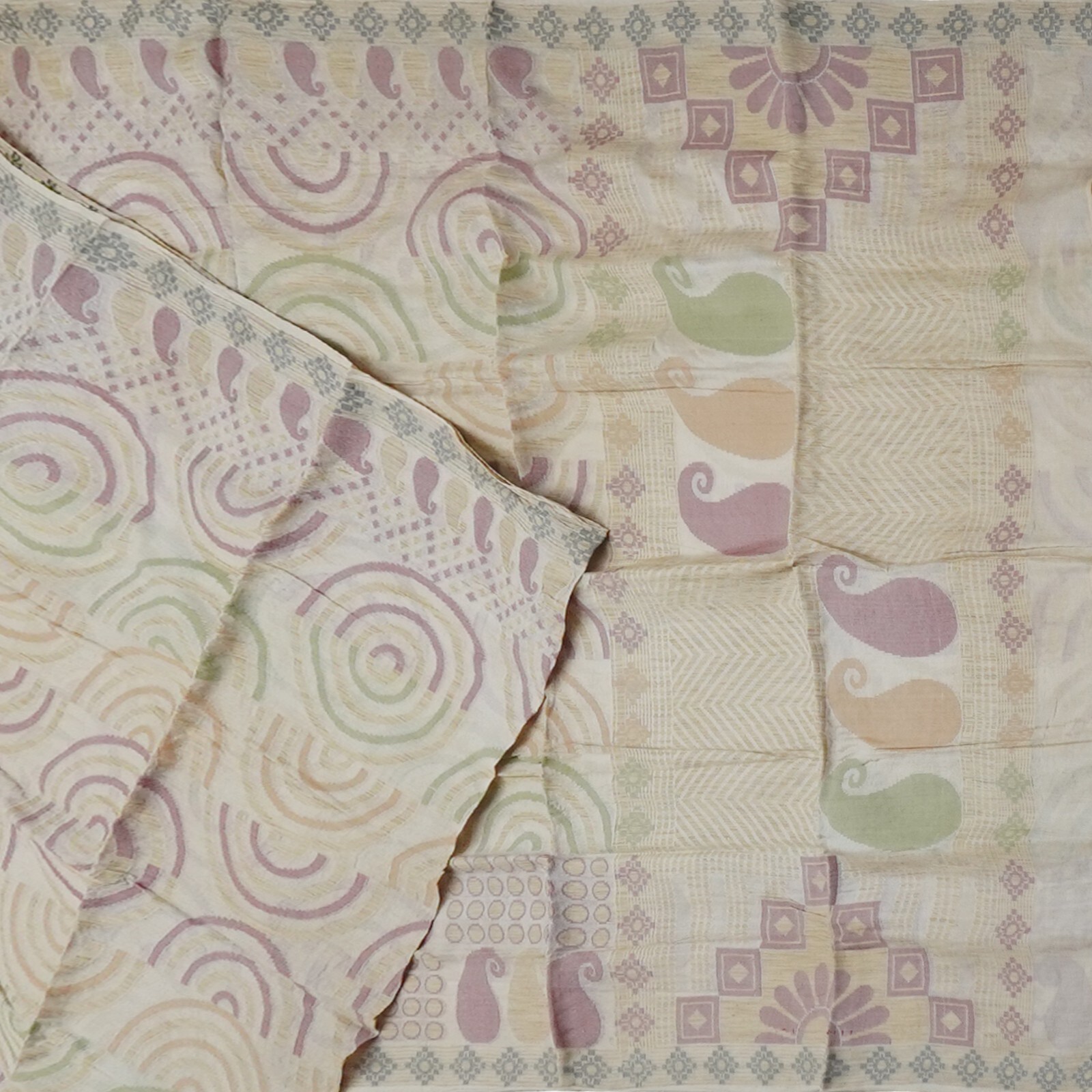Vintage Off-White Sarees 100% Pure Silk Paisley Woven Sari 5YD Craft Fabric