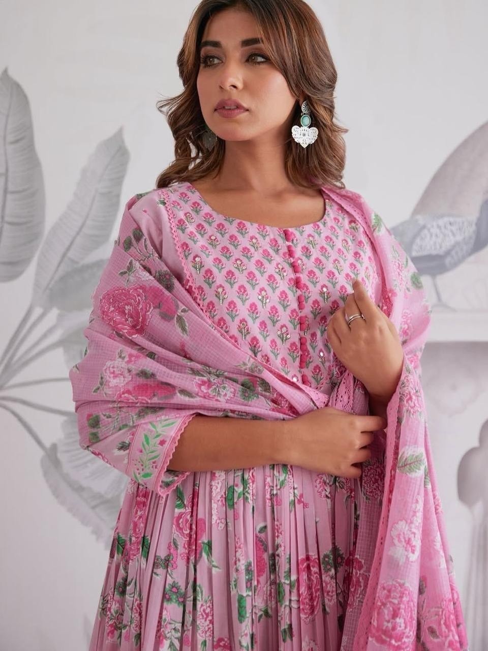 Pakistani Women Jaipuri Cotton Anarkali Kurti Pant Dupatta Set Floral Print Suit