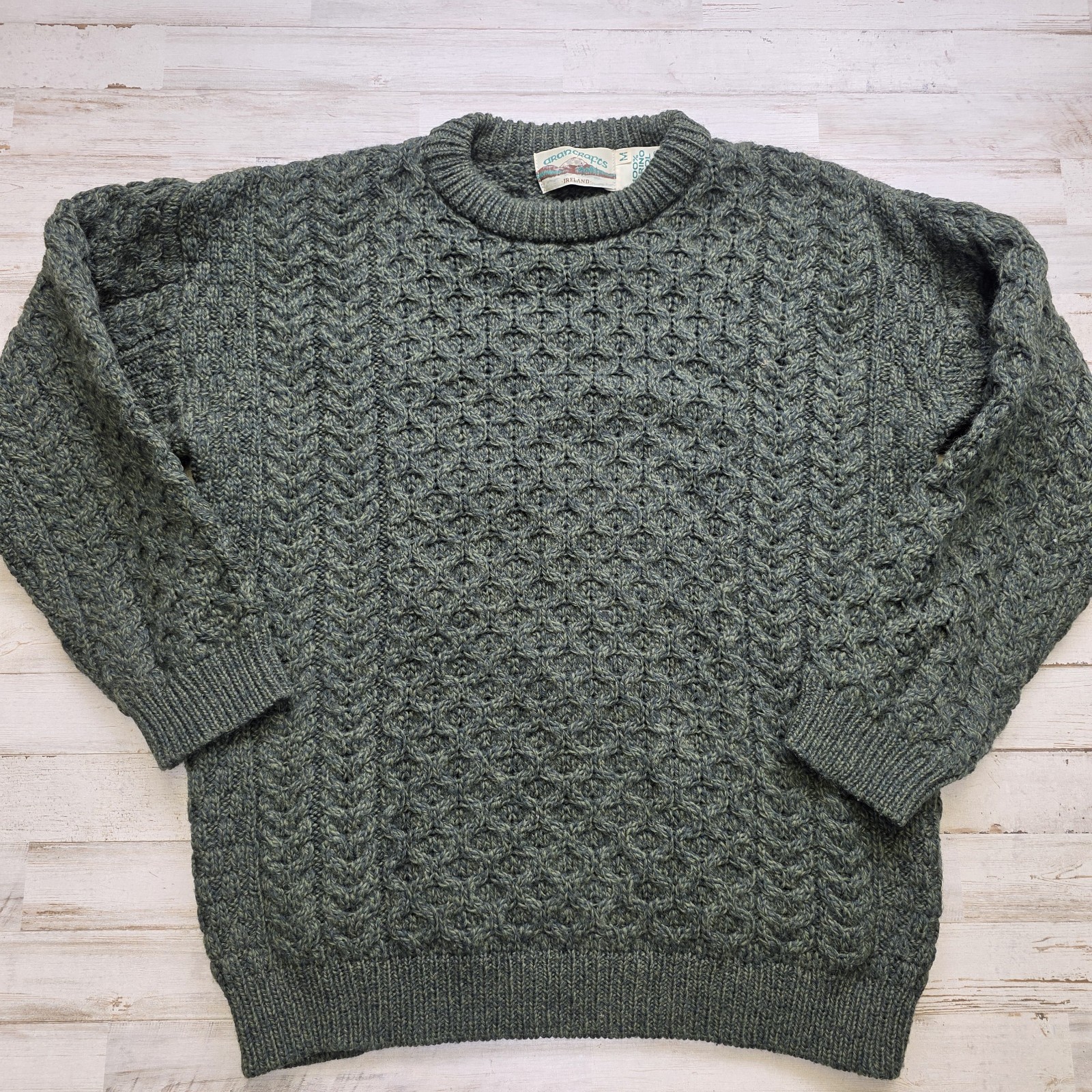 Irish Aran Crafts Chunky Knit Sweater Crew Neck Merino Wool Ireland – MED