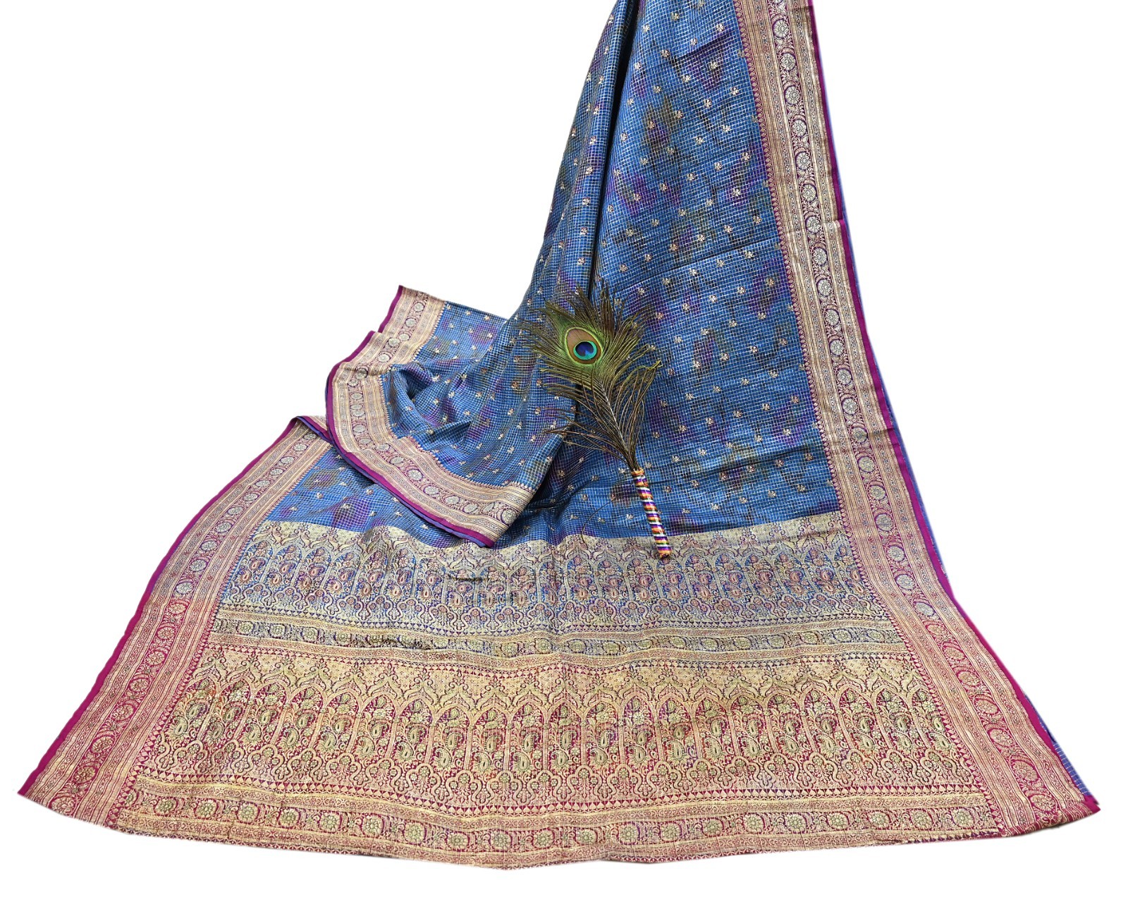 Indian Vintage Blue Heavy Sari Pure Satin Silk Woven Banarasi Tanchoi Saree 5yd