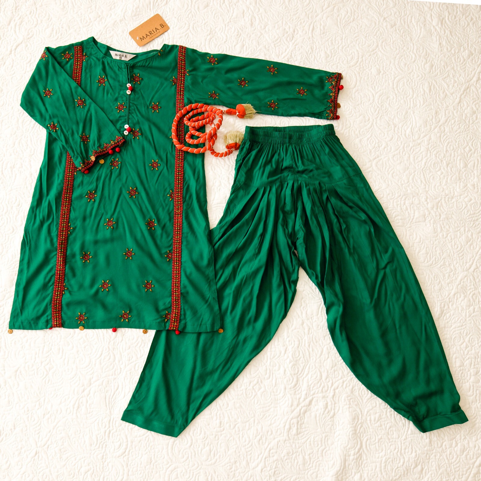 Maria B. Girls Pakistani 3 Piece Kameez Trouser Outfit, 2-4 Years, Green/Orange
