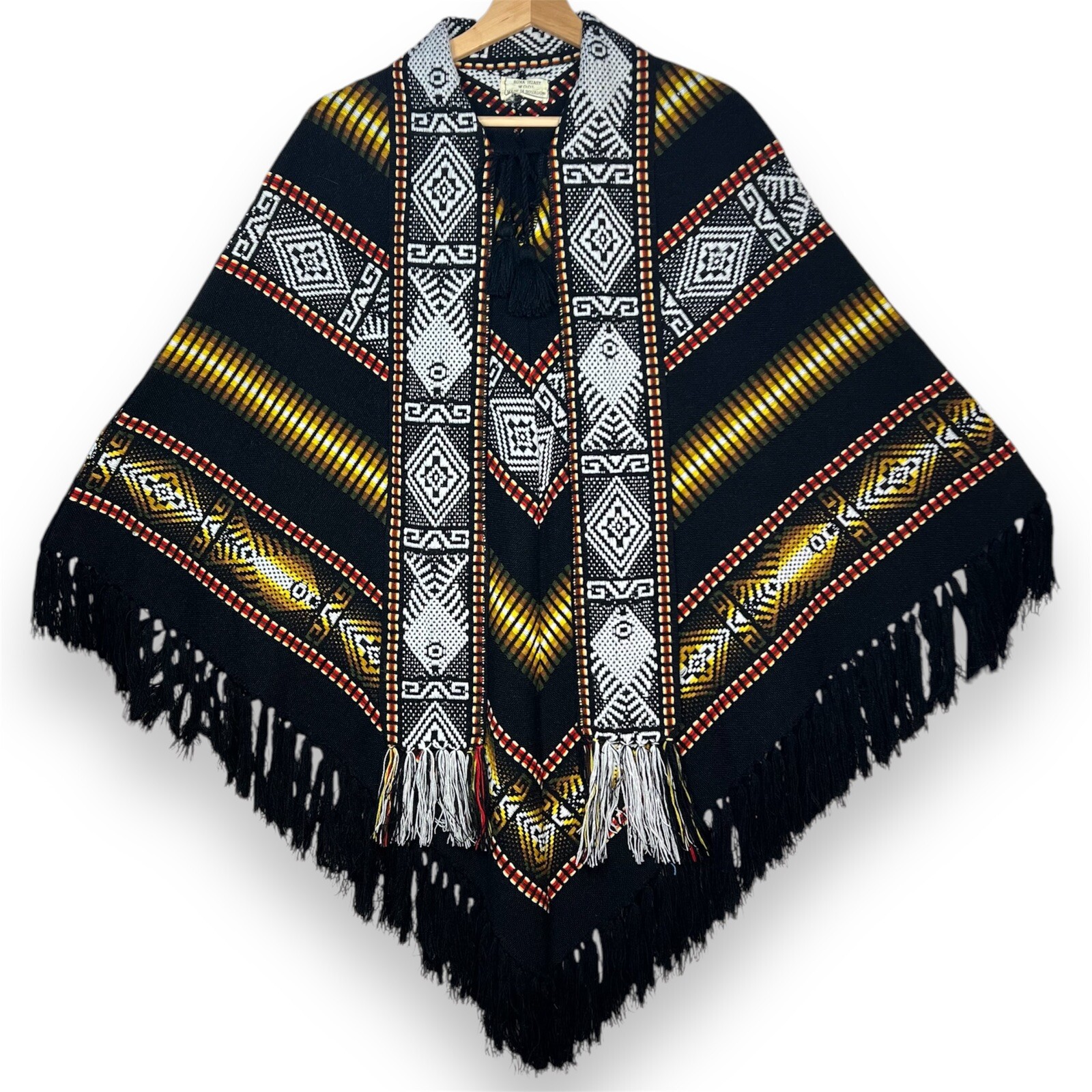 Vintage Wool Poncho Runa Huasy Ecuador Knit Backstrap Loom Indigenous Textile OS