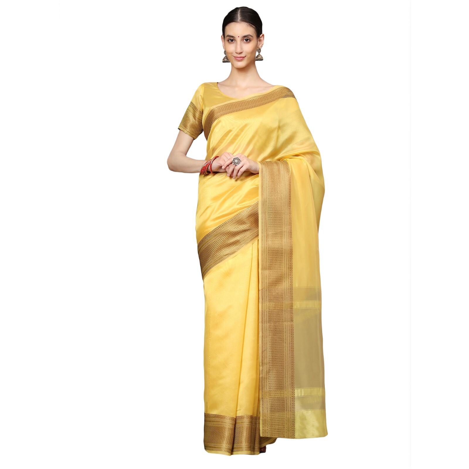 Women Simple Yellow Cotton Wedding Party Ethnic Festive Wear Saree Blouse