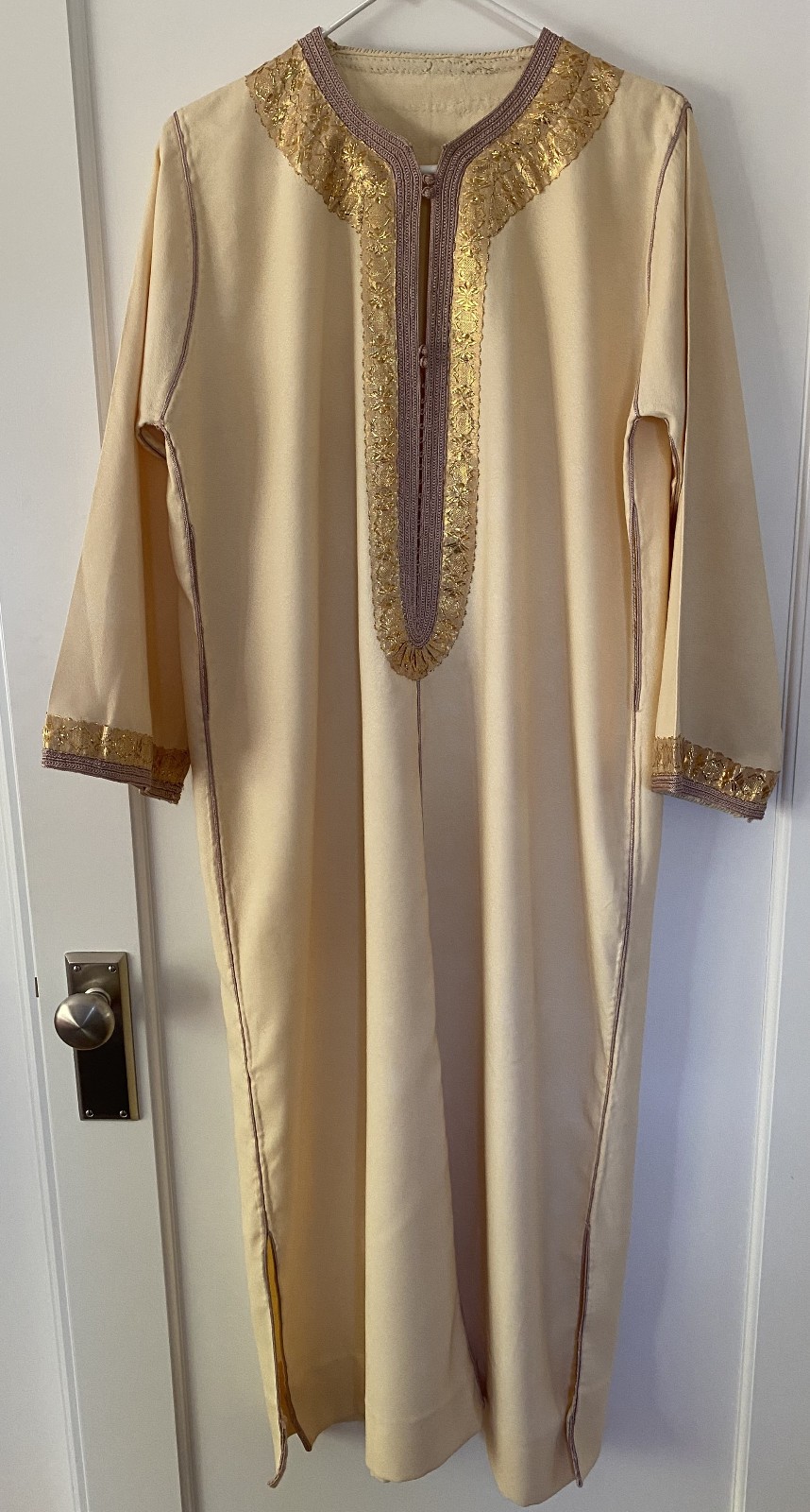 Vintage Moroccan Kaftan Gandoura Djellaba Cream and Gold with Hood