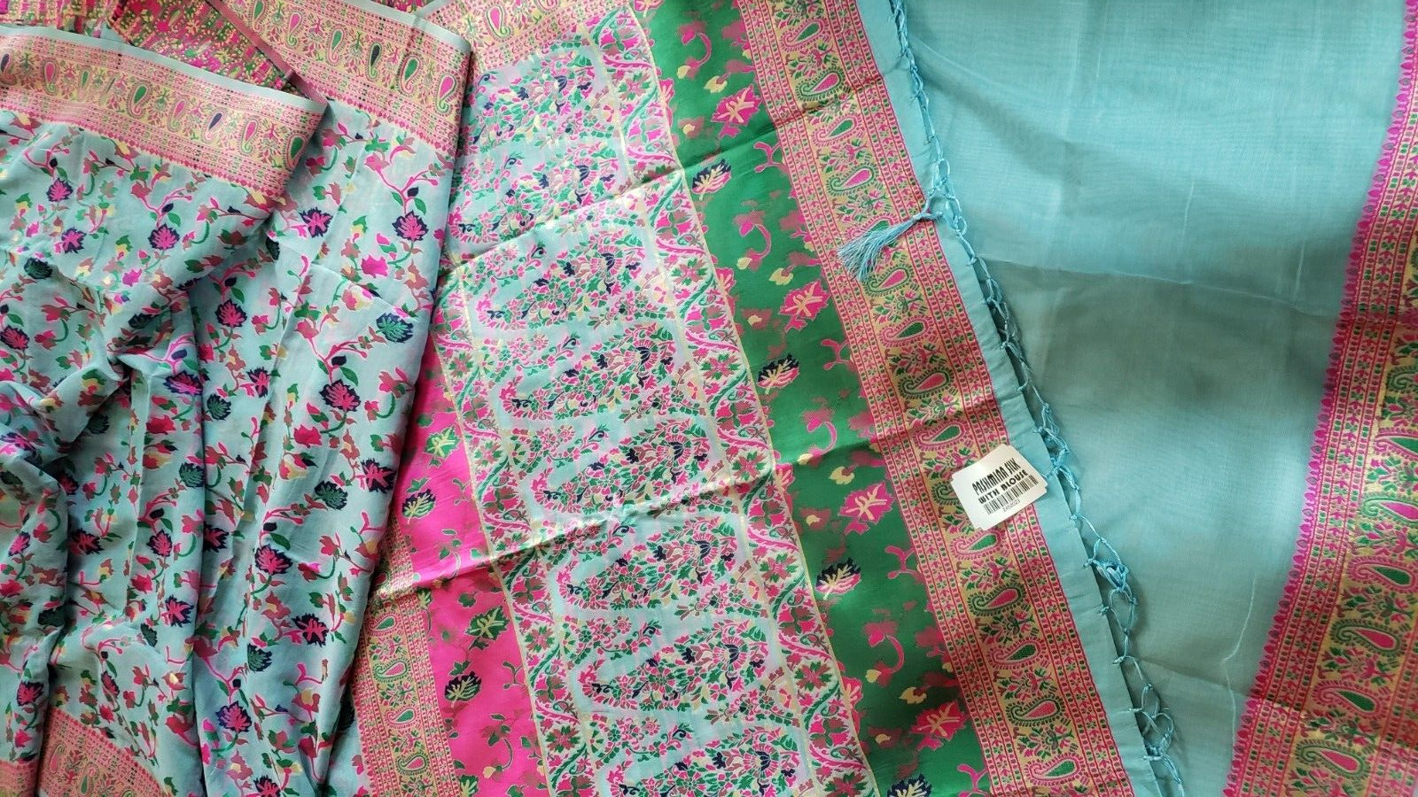 Pashmina Silk Kani Weaving Handloom Saree Blue with Unstitched Blouse