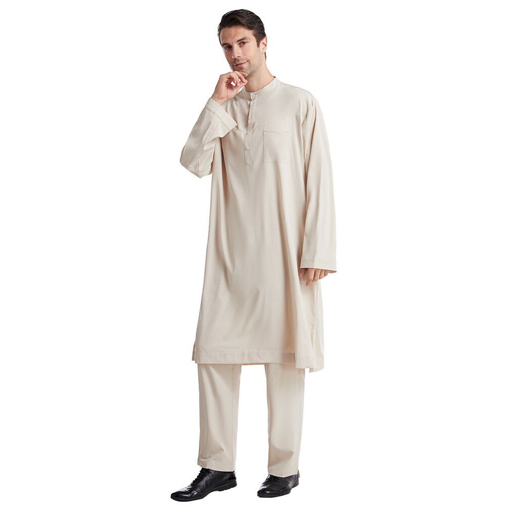 Saudi Men Robe Muslim Dubai Islamic Arab Abaya Jubba Thobe Pant Set Middle East