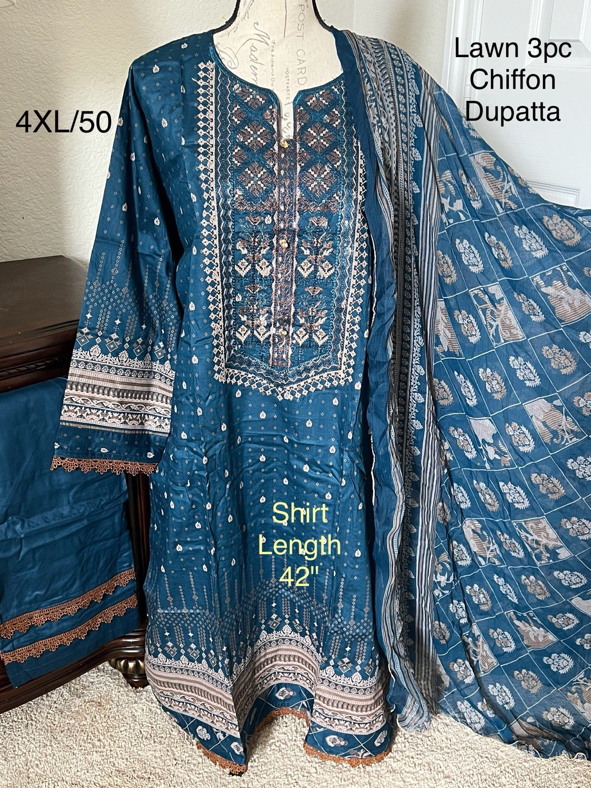 4XL Size 50 LAWN 3pc Shalwar Kameez Stitched Embroidered Suit Pakistani Indian