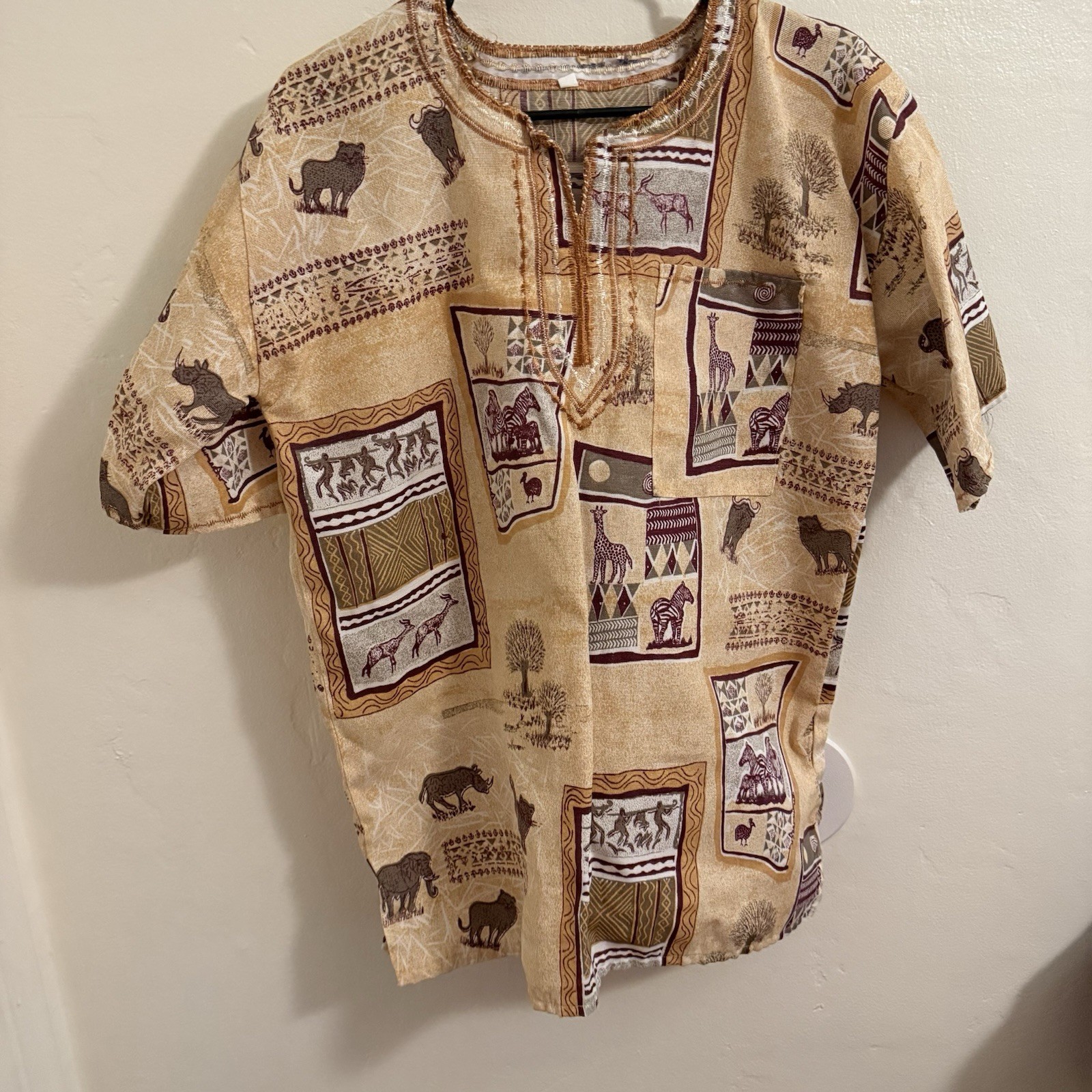 Dashiki XL Beige Cotton Blend Animal Print Shirt Unisex Adult
