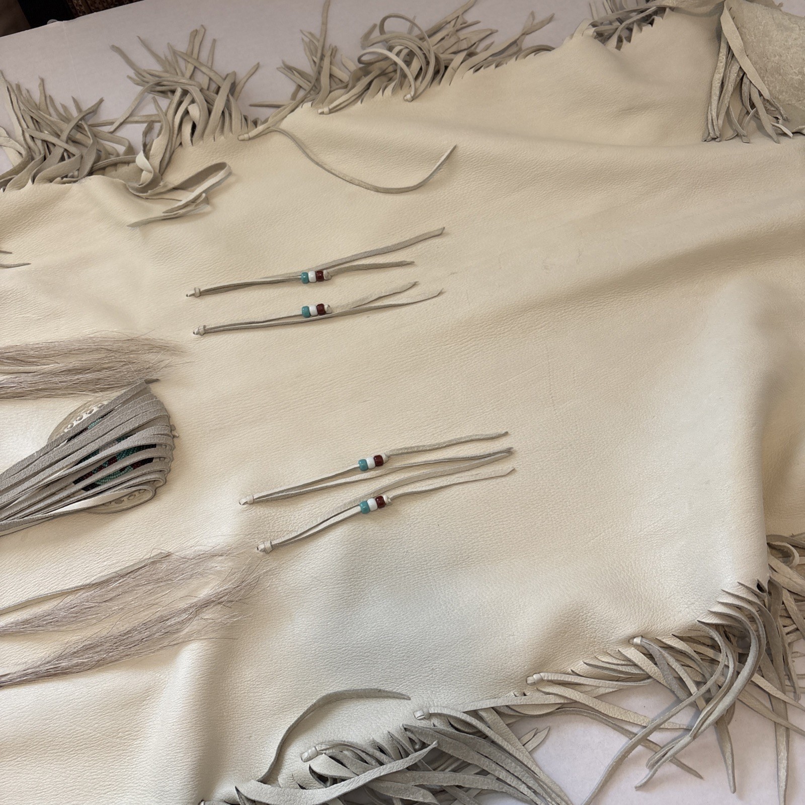 Native American Ivory DoeSkin Beaded Horse Hair Fringe Wedding Dress Medium 8-10