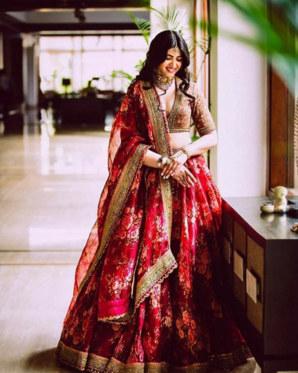 New Red Khadi Organza Lehenga And Mulberry Silk Blouse With Dupatta For Wedding