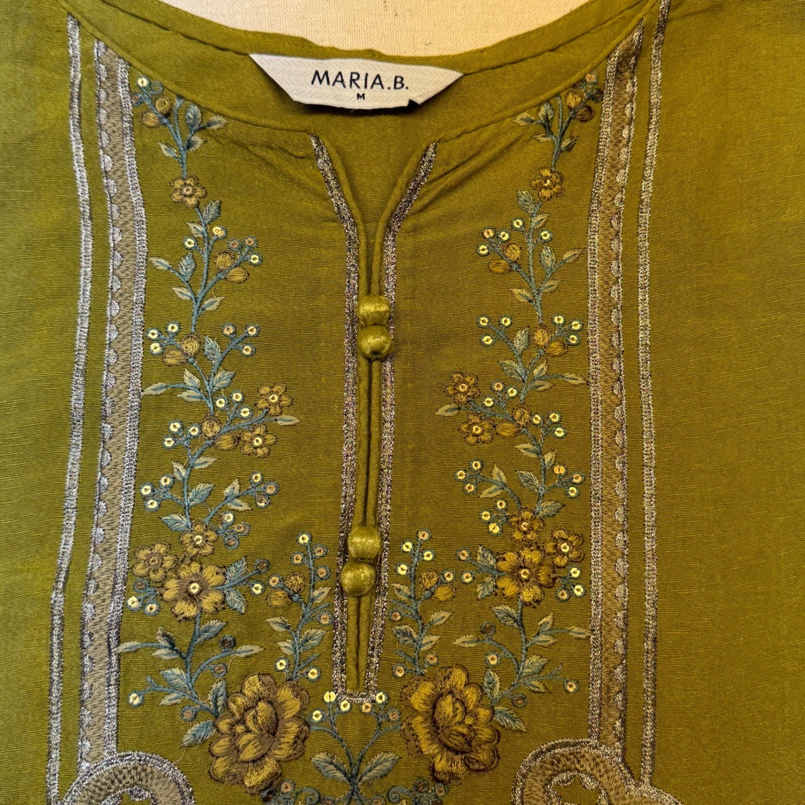 Maria B Olive Green Embroidered Kurta Tunic Women Medium Floral Sequin Lace Trim