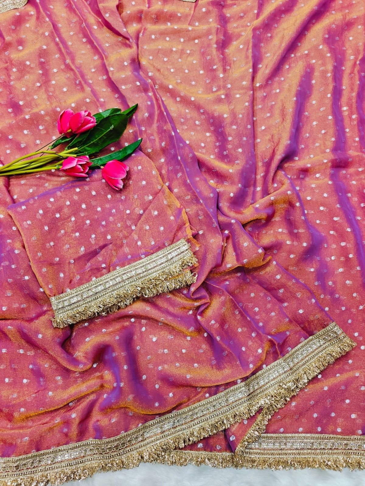 Shimmer Organza Silk Saree Heavy Golden Fringe Border Party Wear Sari Women Silk