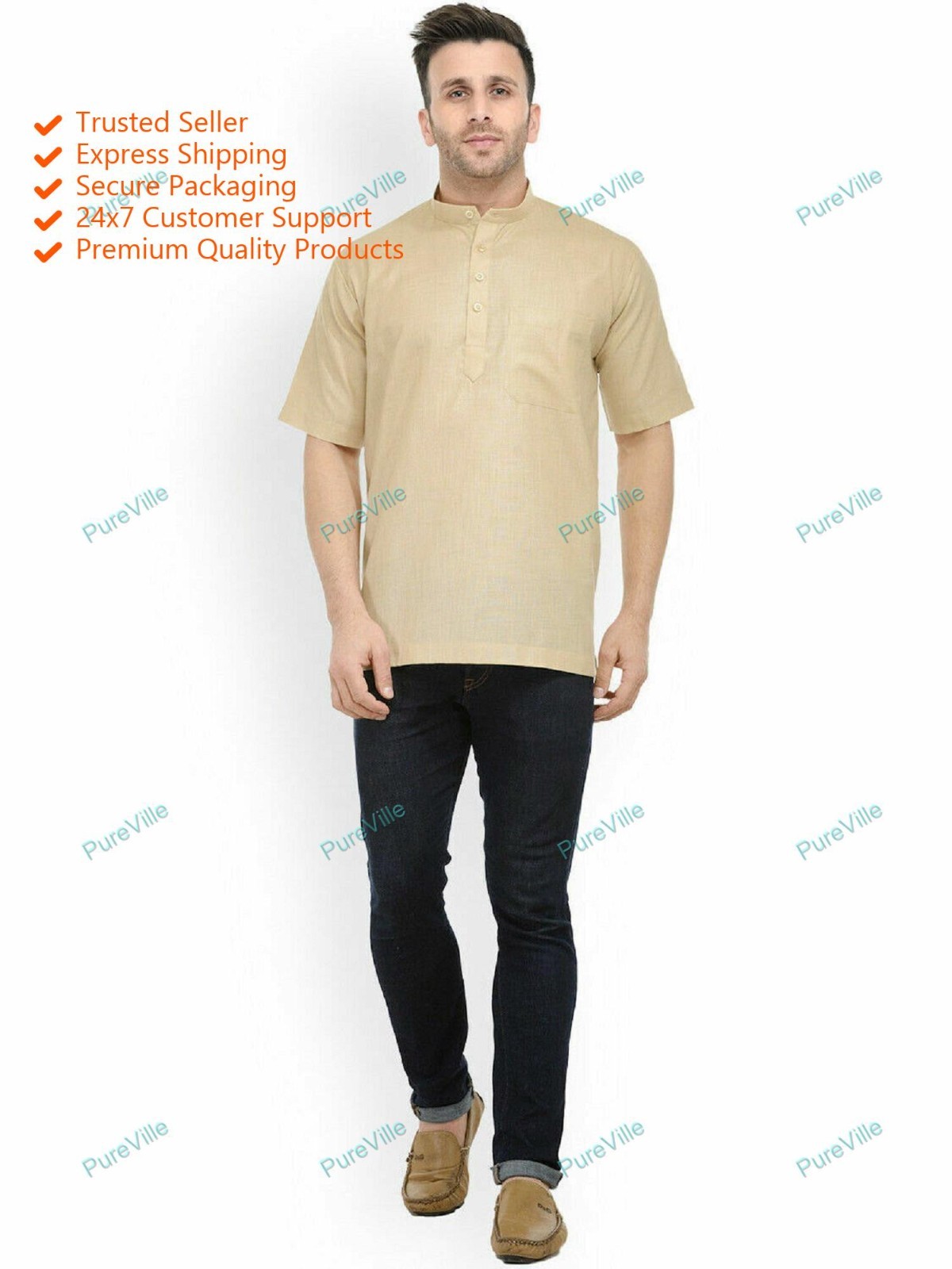 Mens Kurta Traditional Mens Wear Golden Cotton Solid Kurta Half Sleeve S 7XL