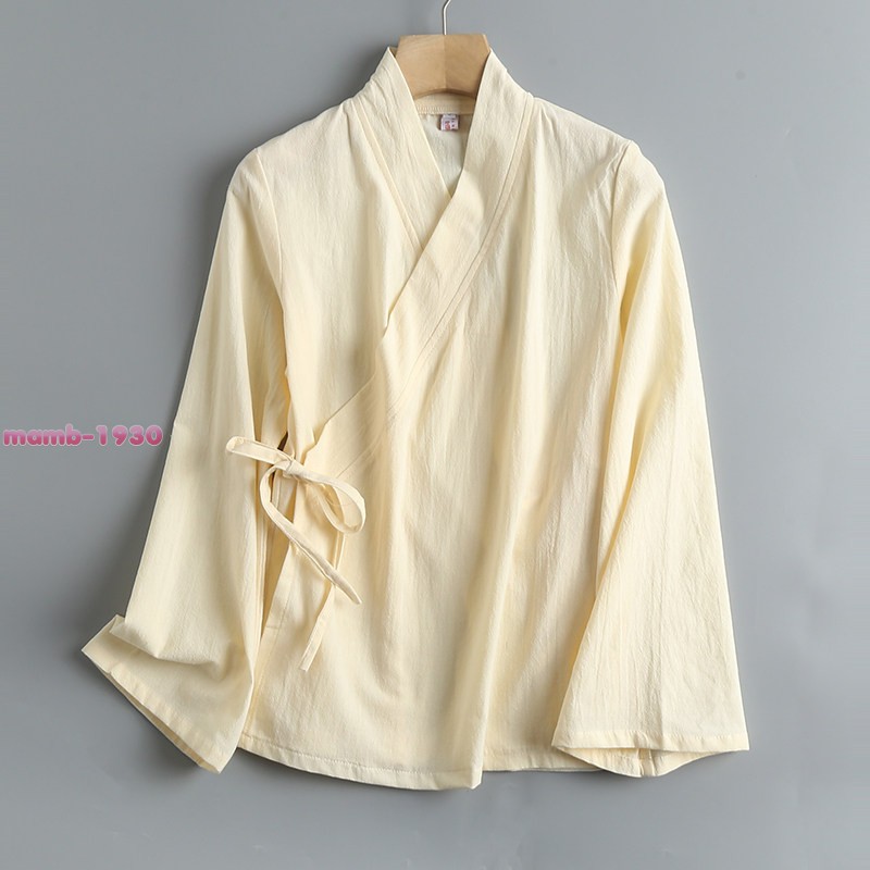 Chinese Style Womens Cotton Flared Long Sleeve Hanfu Cross Collar Tie Daily Wear