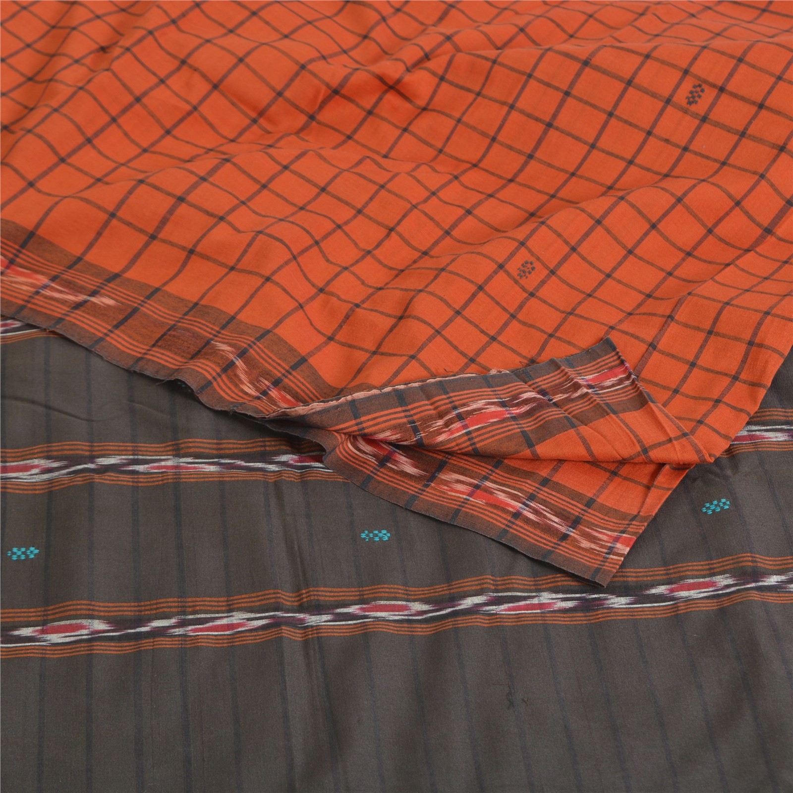 Sanskriti Vintage Rare Saree Ikat Handwoven Blend Cotton Orange Sari 5Yd Fabric