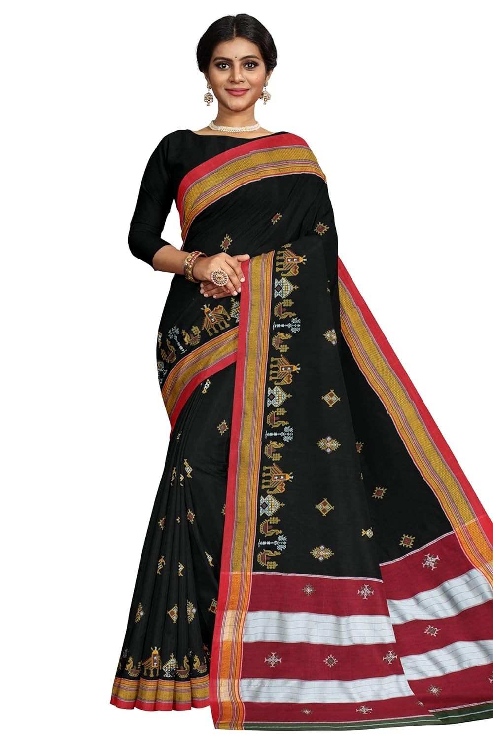 Women’s Handloom Cotton Resham Silk Kasuti Saree with Stripe Pallu Running Blous