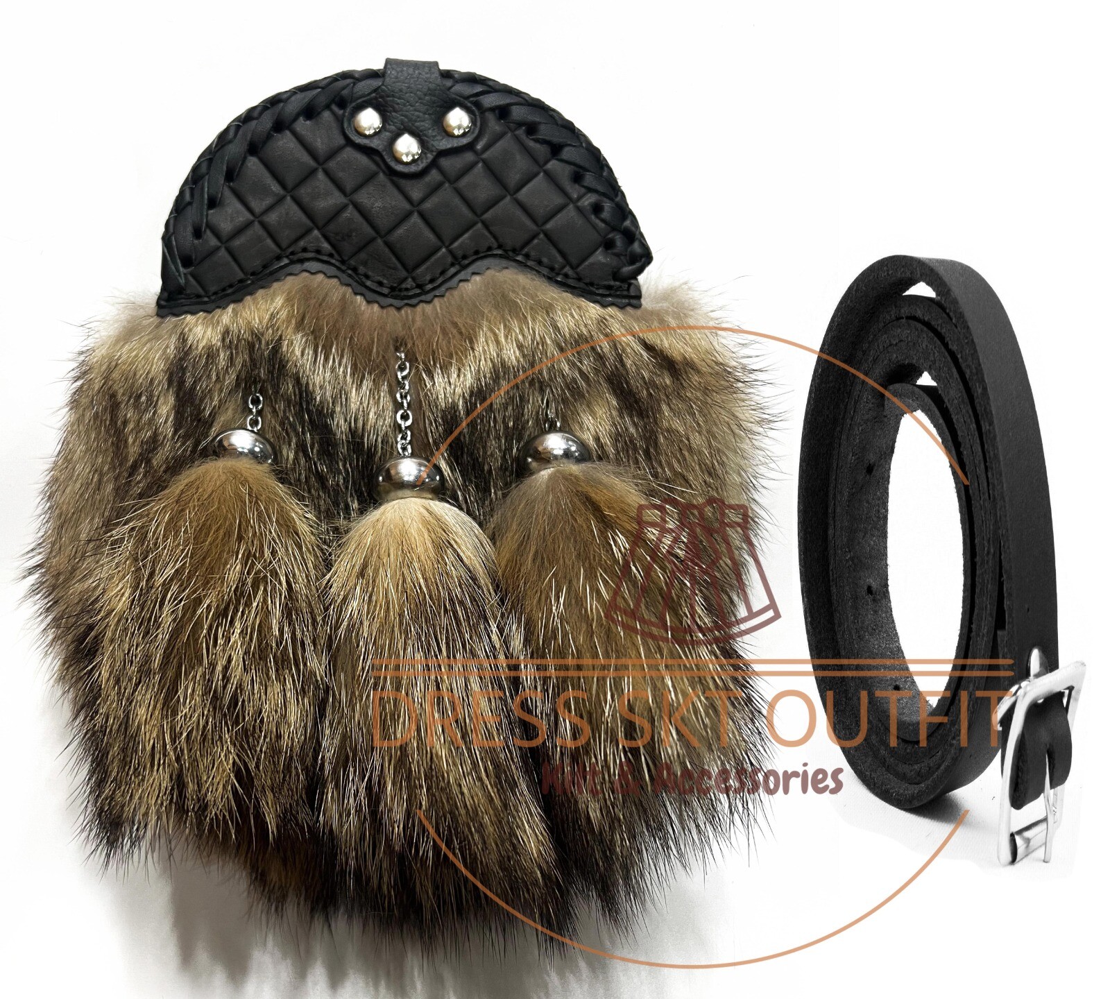 Scottish Full Dress Black Leather Cantle Kilt Sporran with Original Coyote Fur