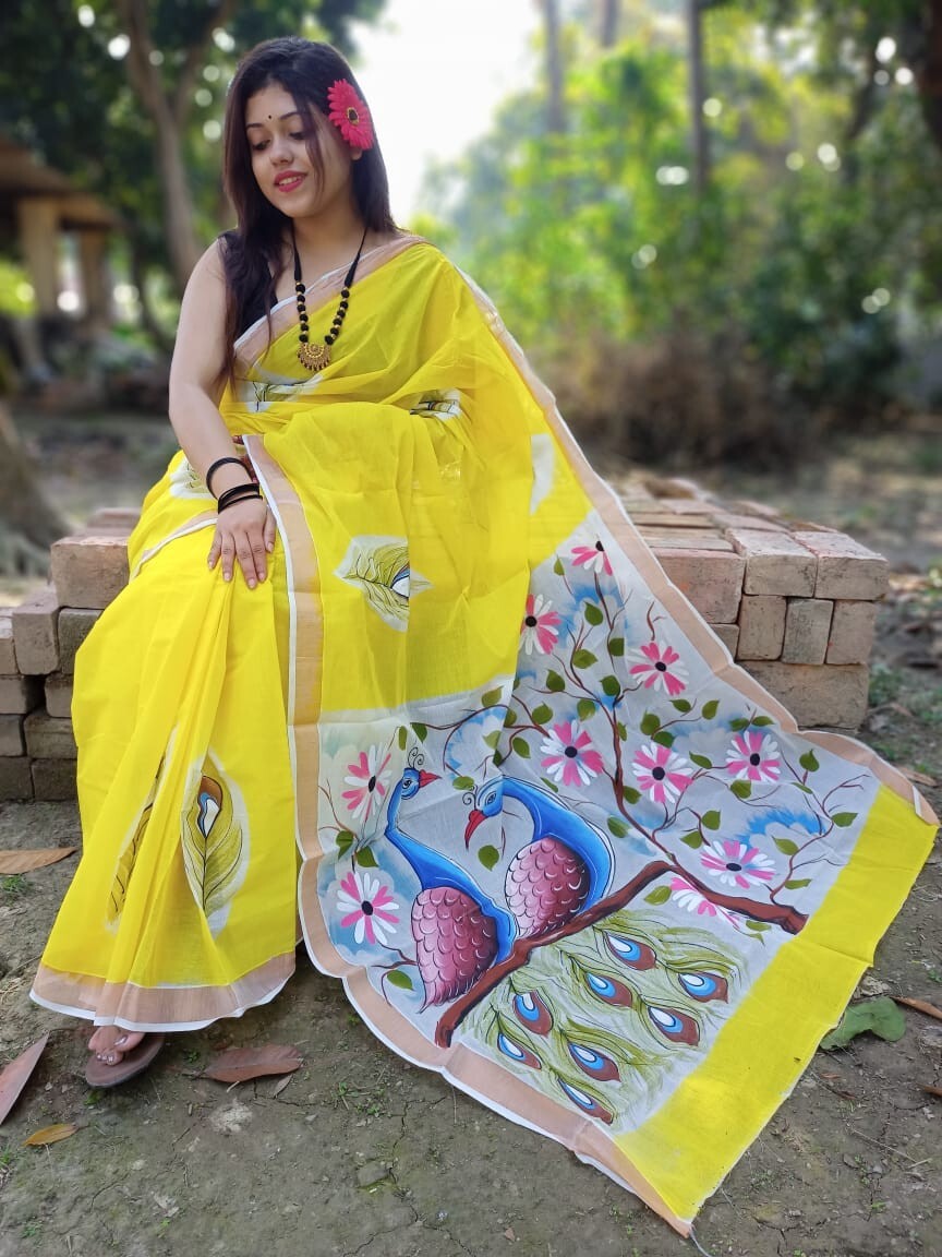 Handcrafted Heritage: Kerala Cotton Saree with Hand-painted Perfection