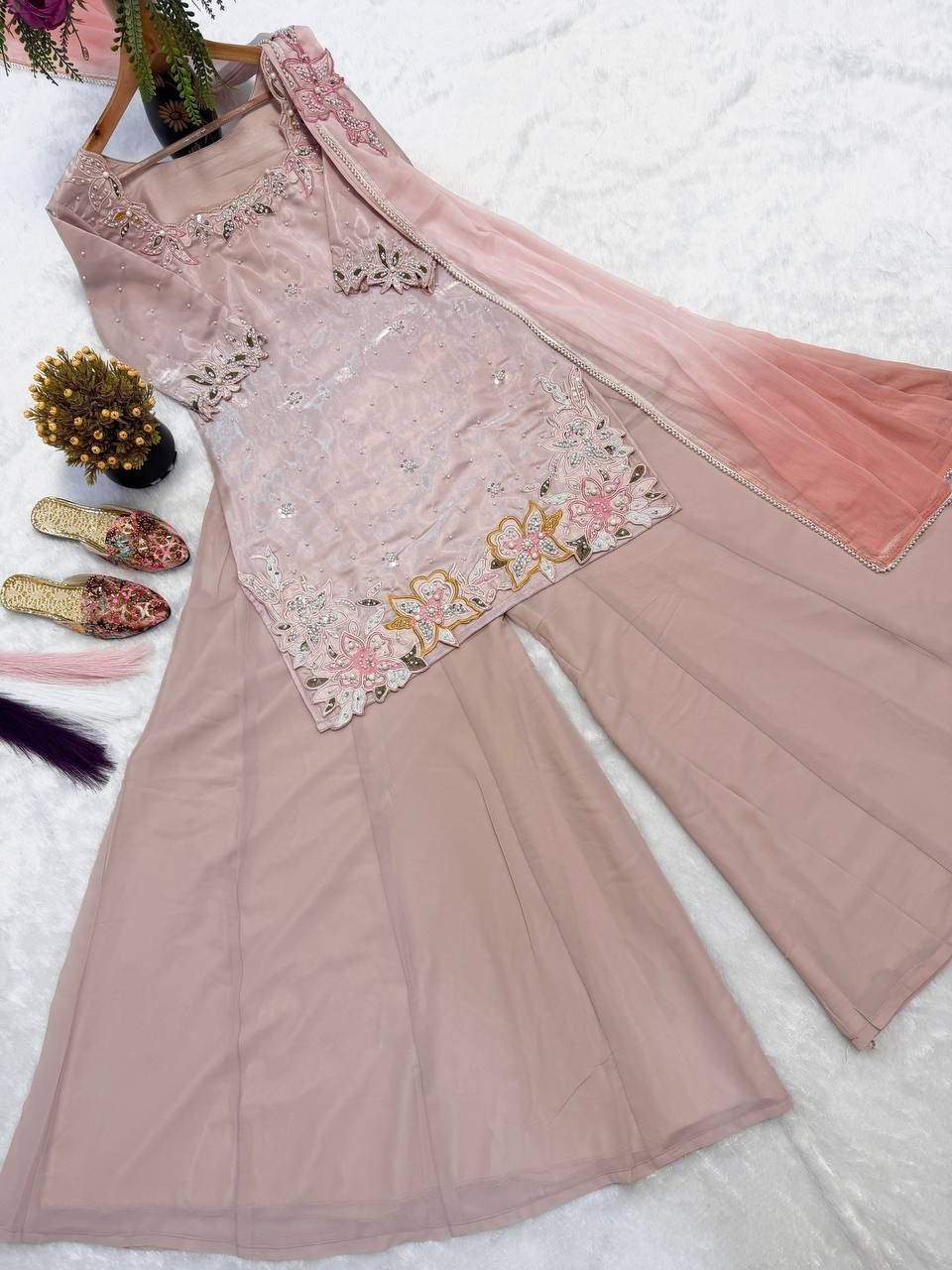 New Designer Roman Glass Silk Kurta Palazzo With Dupatta For Party Wear