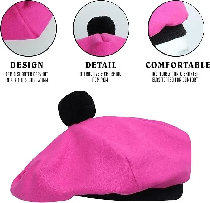 Hot Pink Scottish Traditional Tam o’ Shanter Wool Tammy Hat Bonnet Kilt Cap