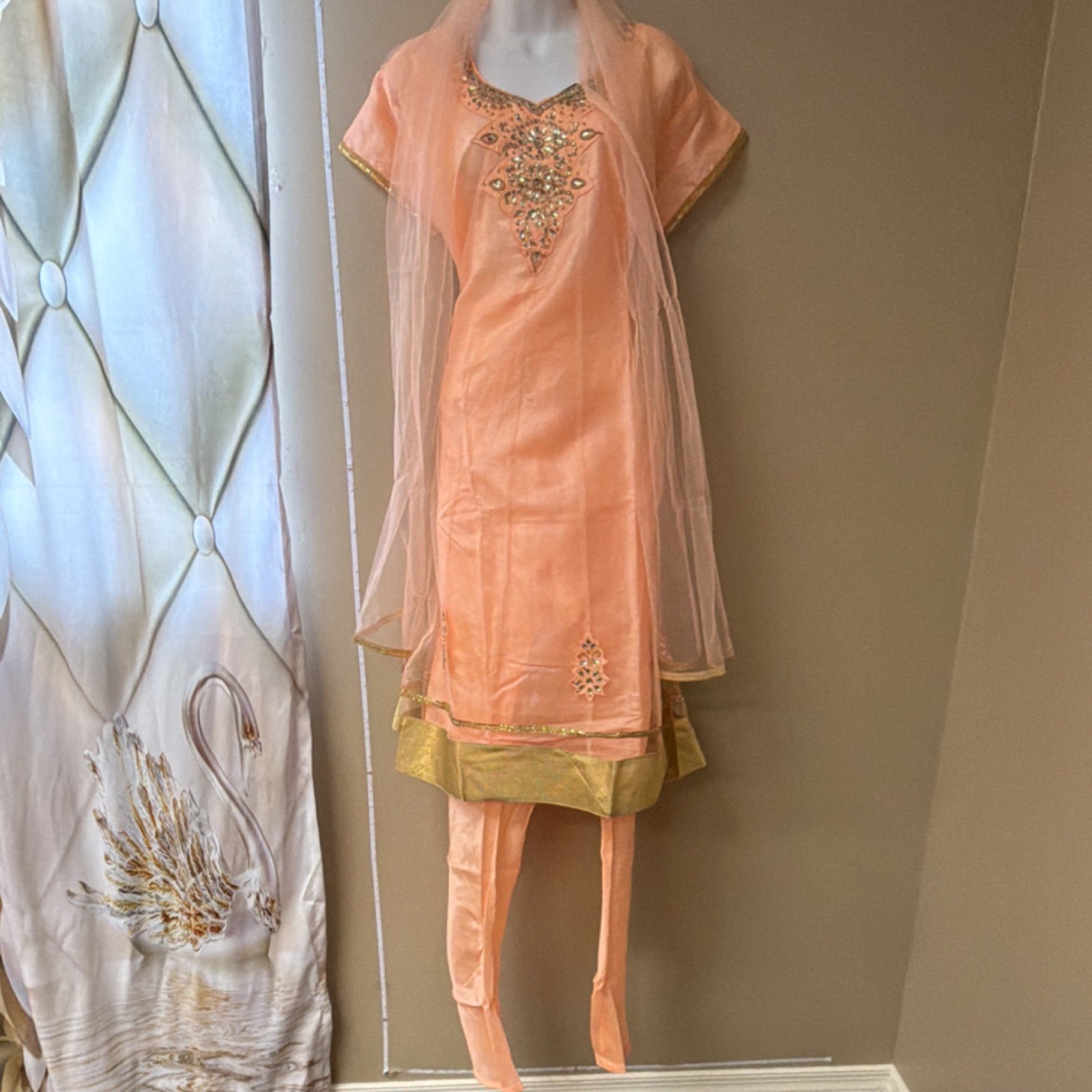 Peach and Gold Net and Indian Salwar Kameez with Dupatta for Women