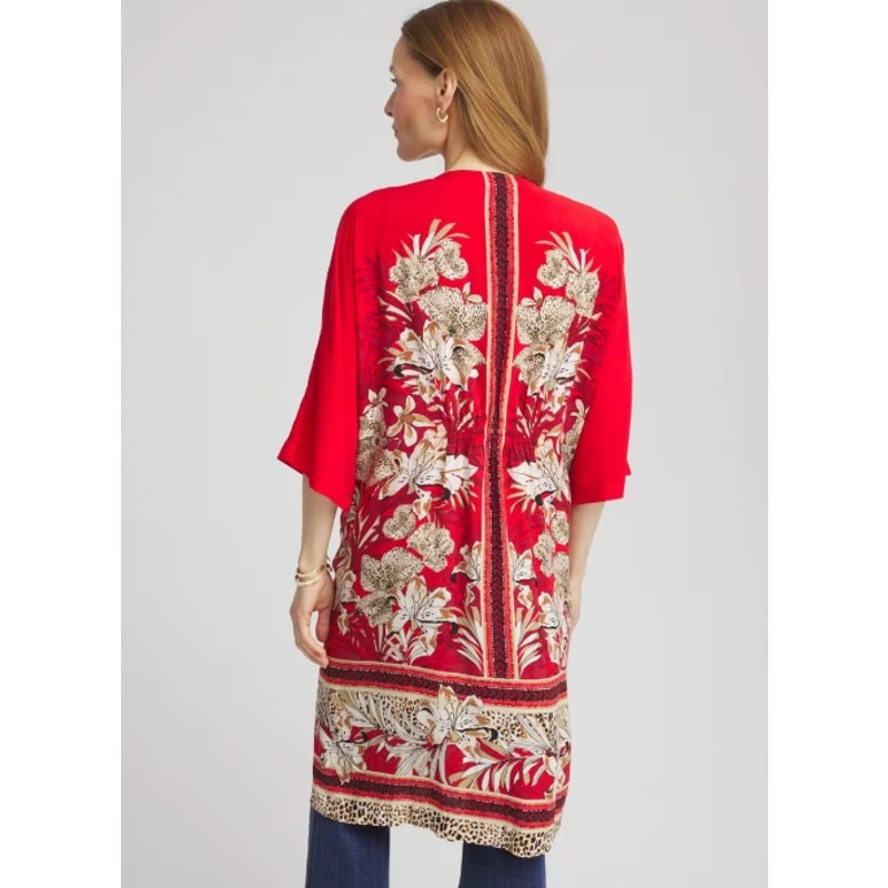 Chico’s Red Floral Animal Print Art Nouveau Kimono Cardigan Robe Small / Medium