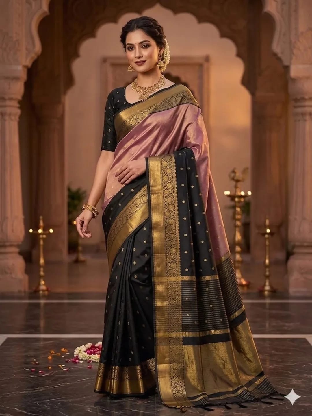 Katan Silk Saree Black & Peach Contrast Golden Zari Weaving Booti Border Saree