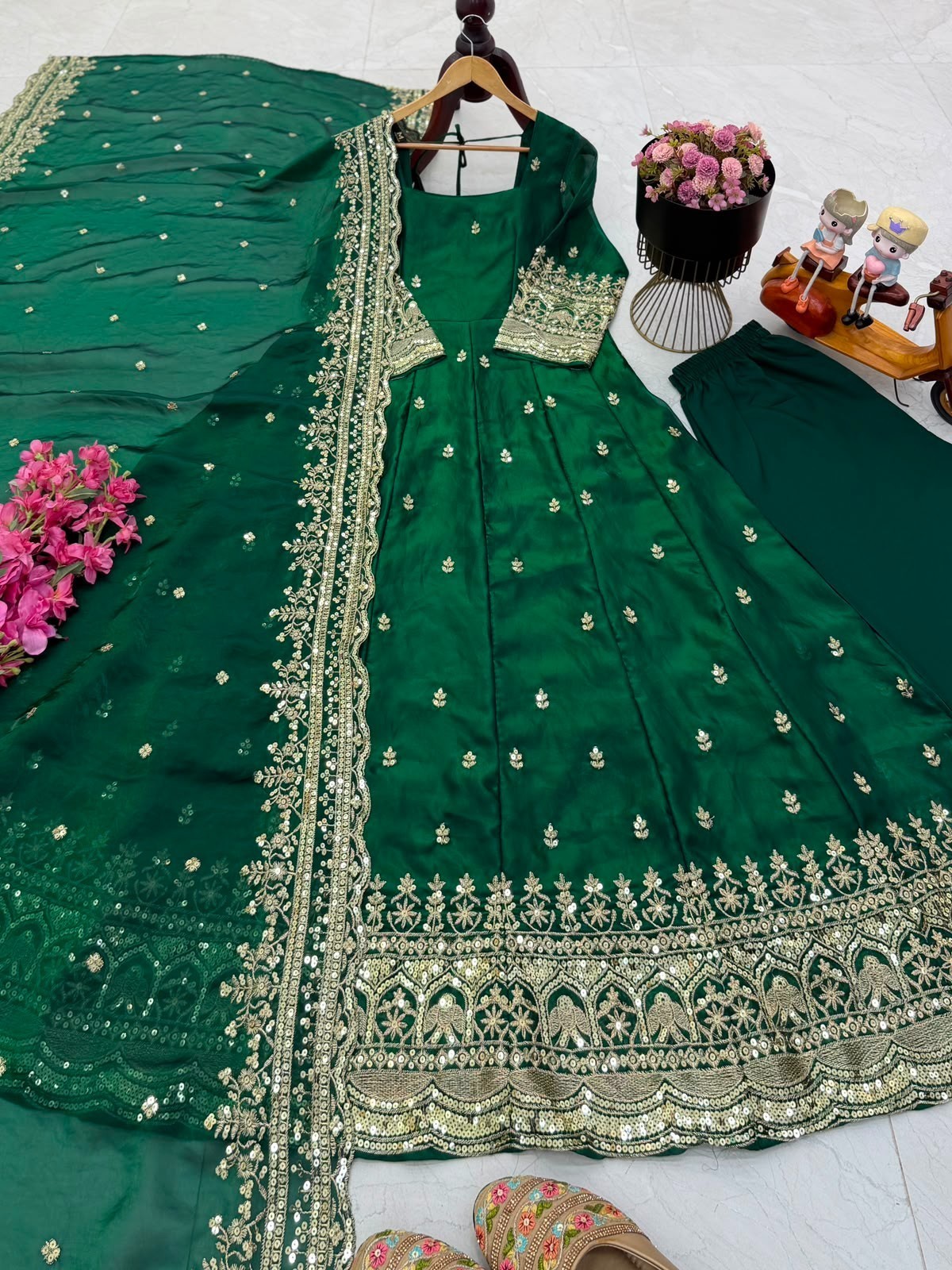 Green Fendy Silk Ready Made Heavy Embroidery Anarkali Suit Party Wear Dress XL
