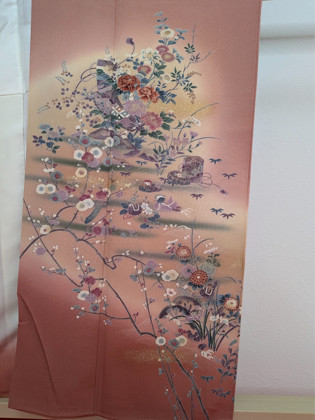 Authentic Japanese Kimono Silk Homongi Pink Colored Floral Birds Treasure Luxury