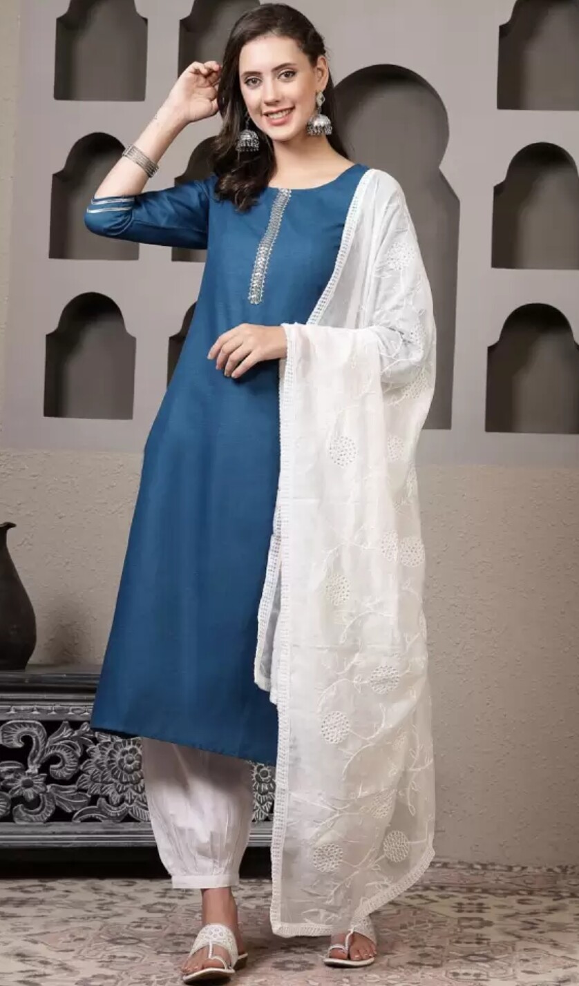 Indian Wear ; Women Teal Blue Lace design Solid Kurta Salwar and dupatta