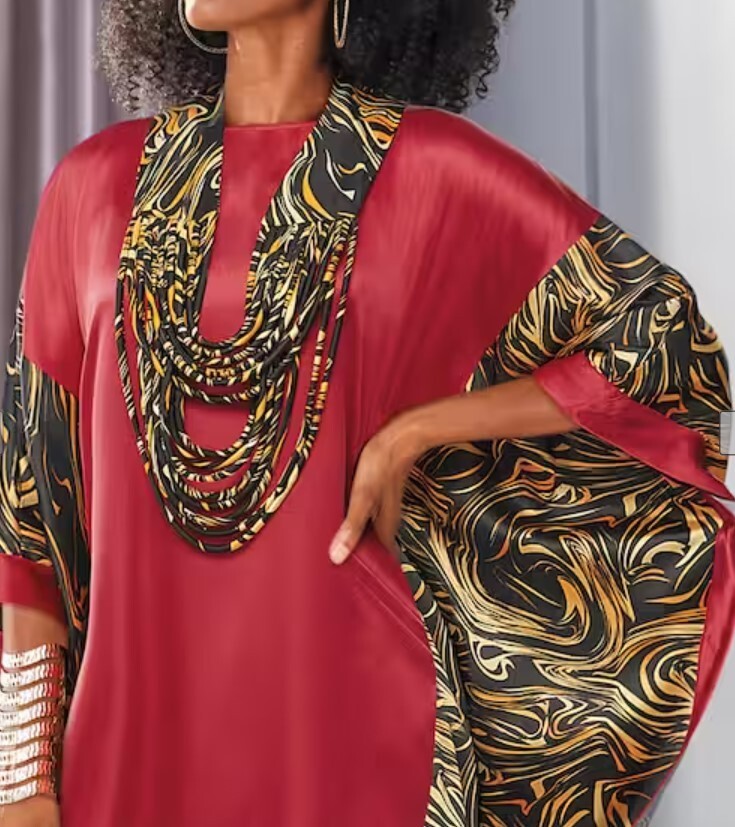 OSFM Ashro Amahle Ethnic Satin Elegance Caftan W/ Rope Necklace Black Multi Set