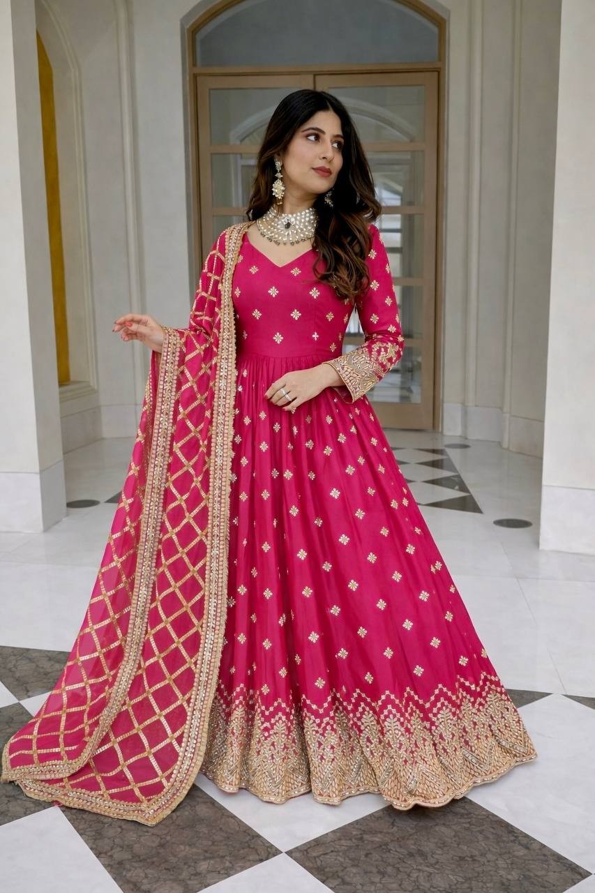 Heavy Faux Georgette Pink Gown Bottom With Dupatta For Functional Wear