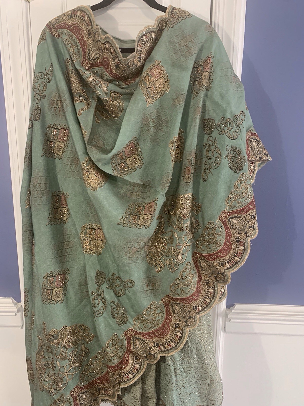 Green Gharara with Pattern & Gold Sequin Detail