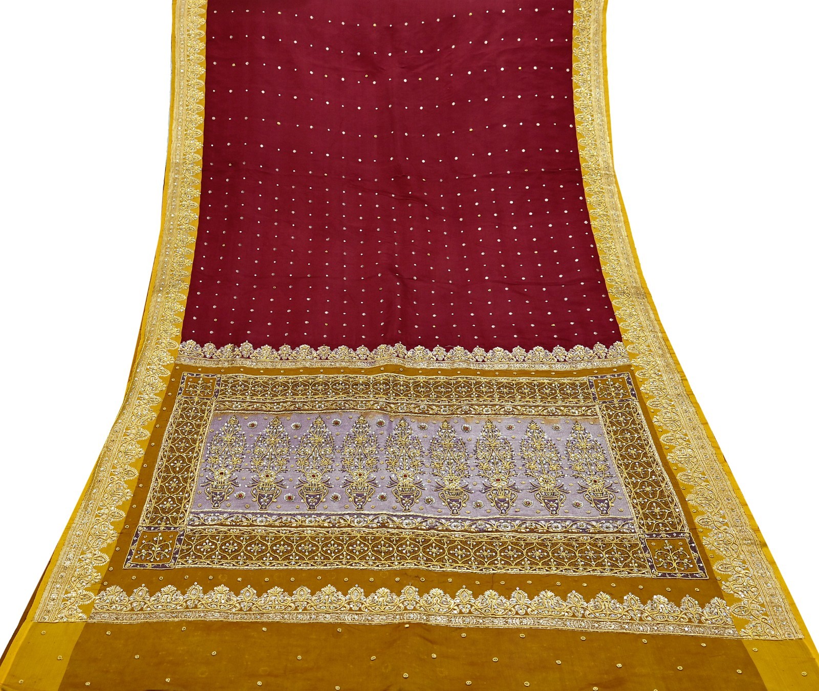 Vintage Heavy Saree Pure Satin Silk Hand Embroidered Banarsi Brocade Sari Dabka