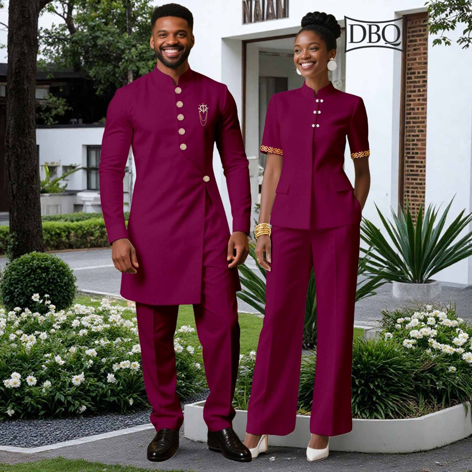 African Couple Matching Wedding Clothes Men and Women Jacket Slim Pants Set