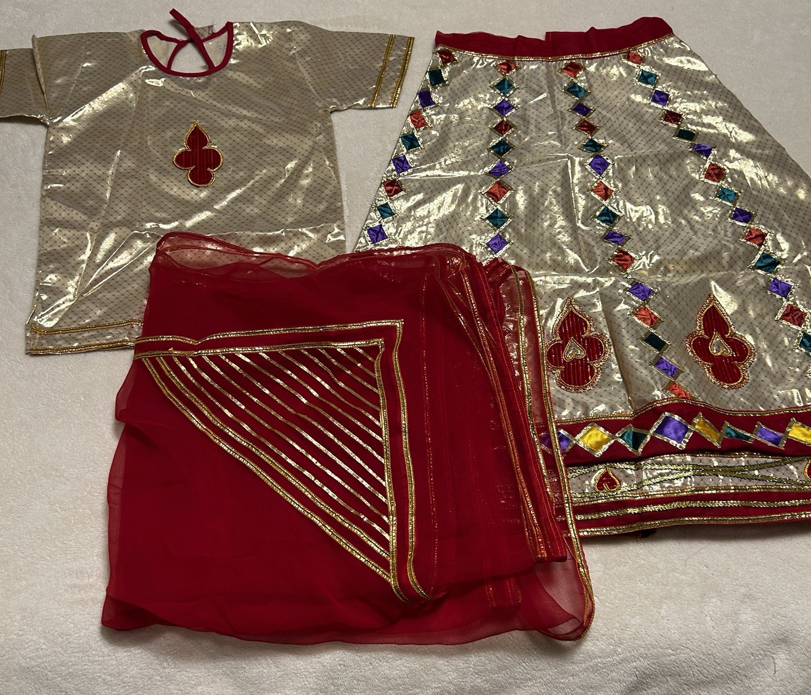 Child’s Girl Indian Sari Set, Red and Gold, 3 piece Ethnic Set