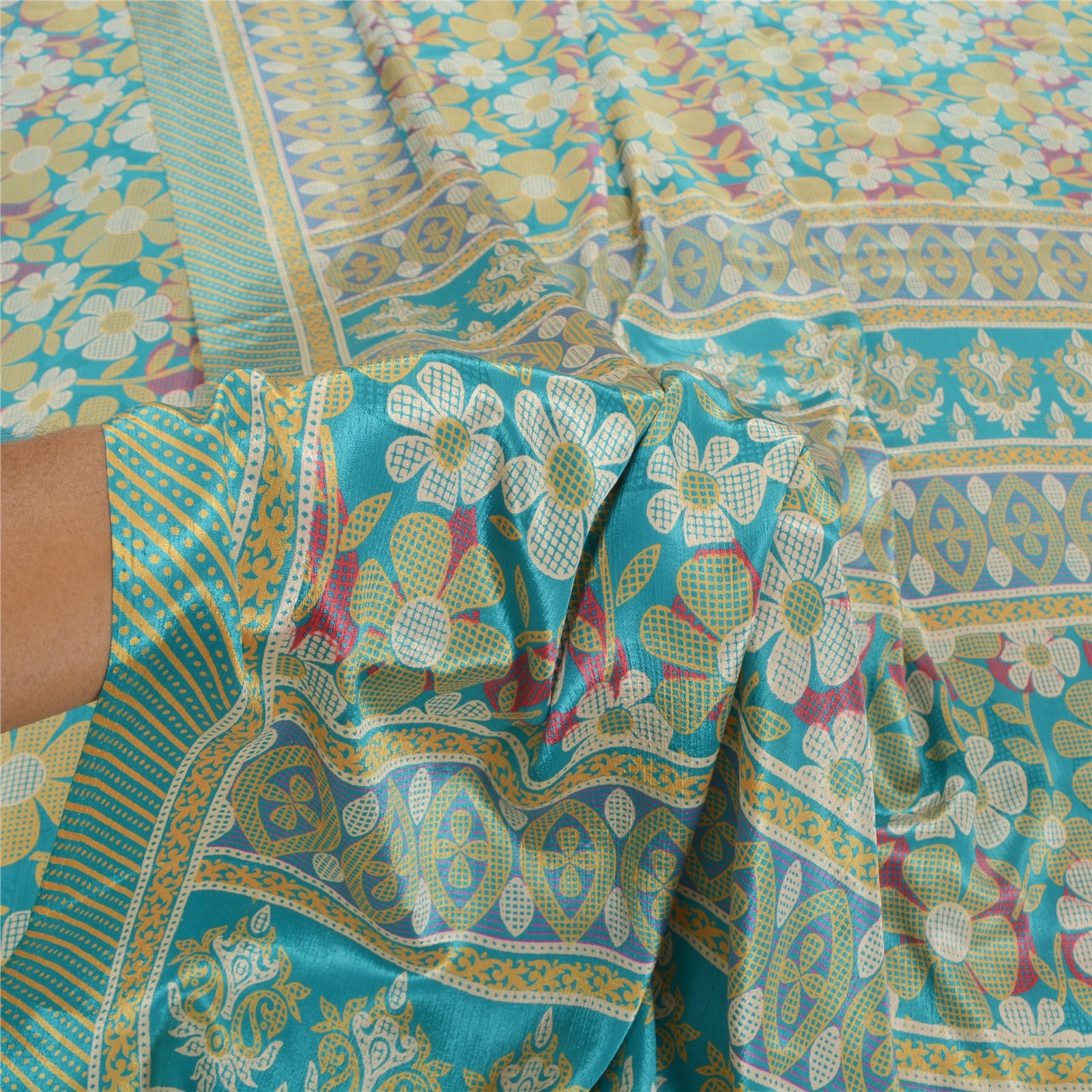 Sanskriti Vintage Green Sarees Moss Crepe Printed Sari Floral 5 Yd Craft Fabric