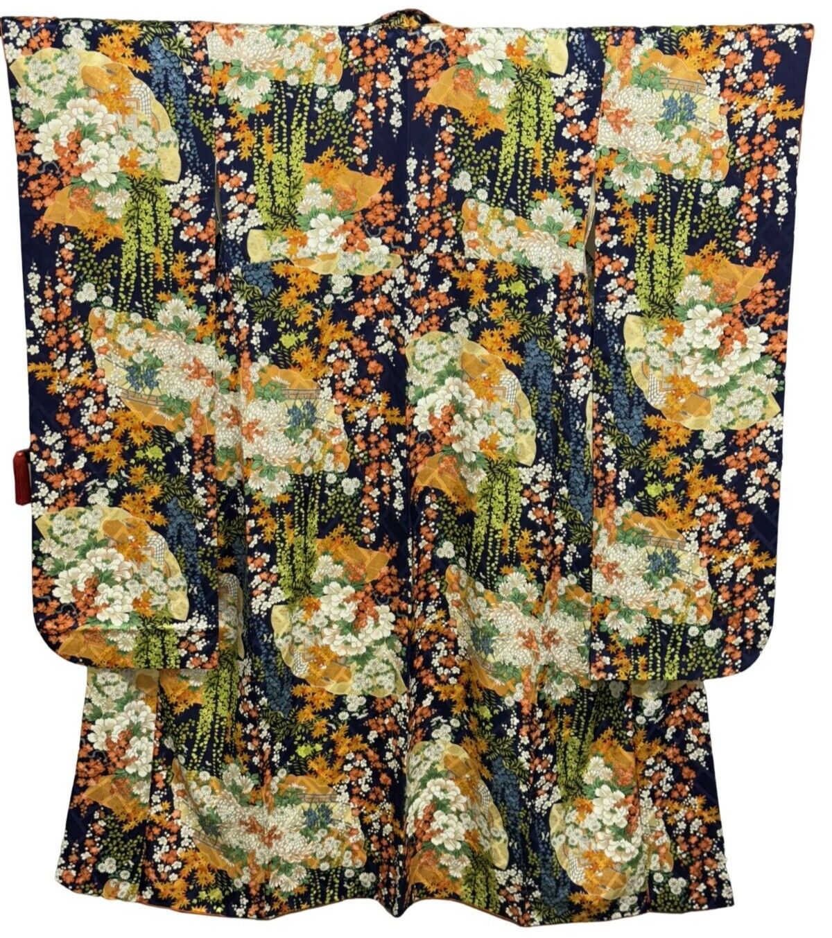 Japanese Vintage Kimono Furisode silk Navy Yuzen Flower Expensive Height 63.38in