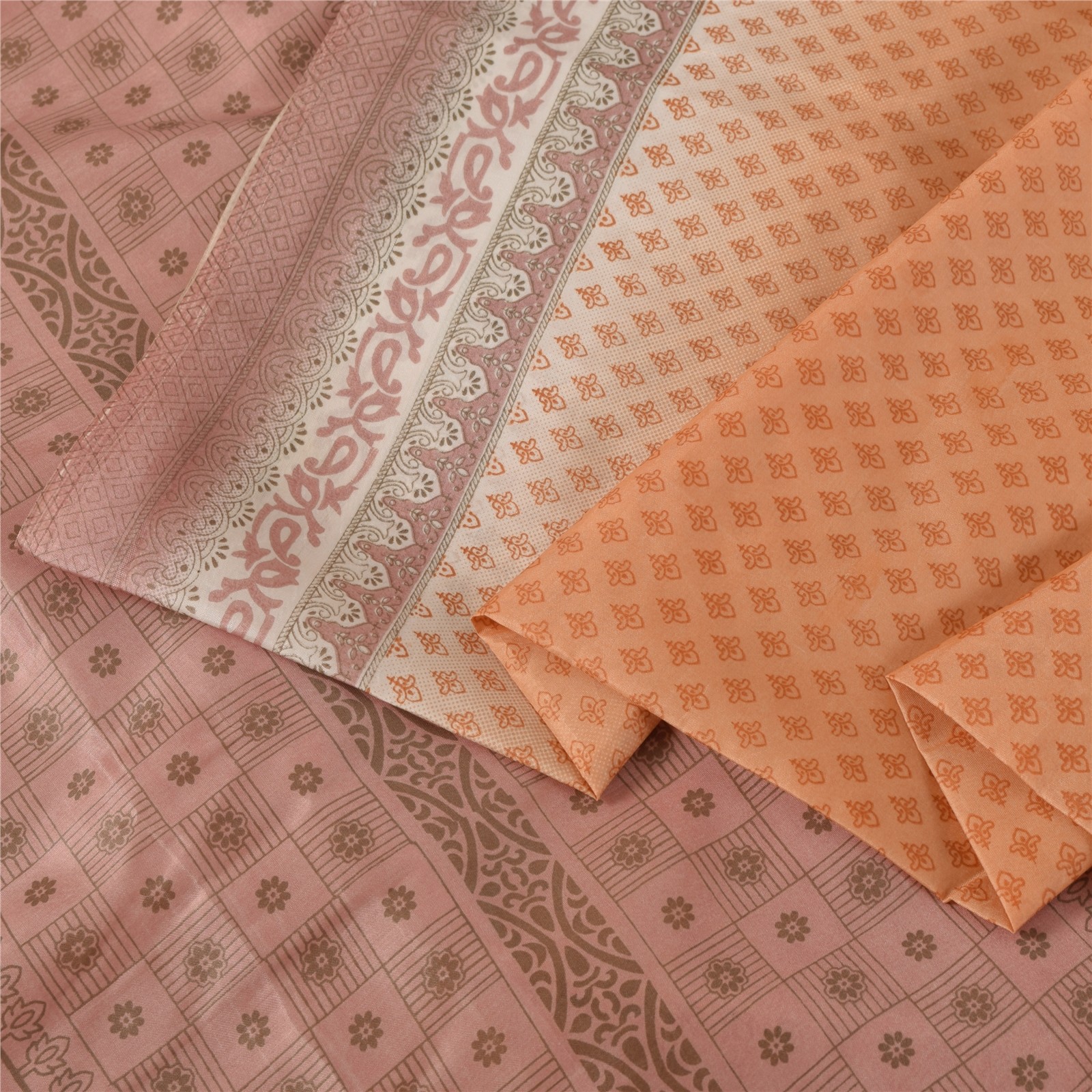Sanskriti Vintage Peach Sari Art Silk Printed Sarees 5 Yard Paisley Craft Fabric