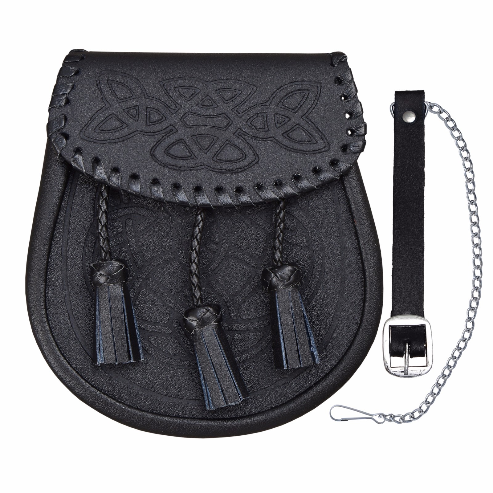 KILT SPORRAN CELTIC SCROLL EMBOSSED BLACK LEATHER LACE WOVEN EDGE KILTWEAR KILTS
