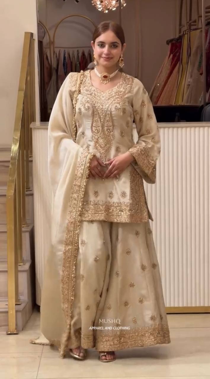 Attractive Look Chinon Silk Cream Top Palazzo With Dupatta For Reception Wear