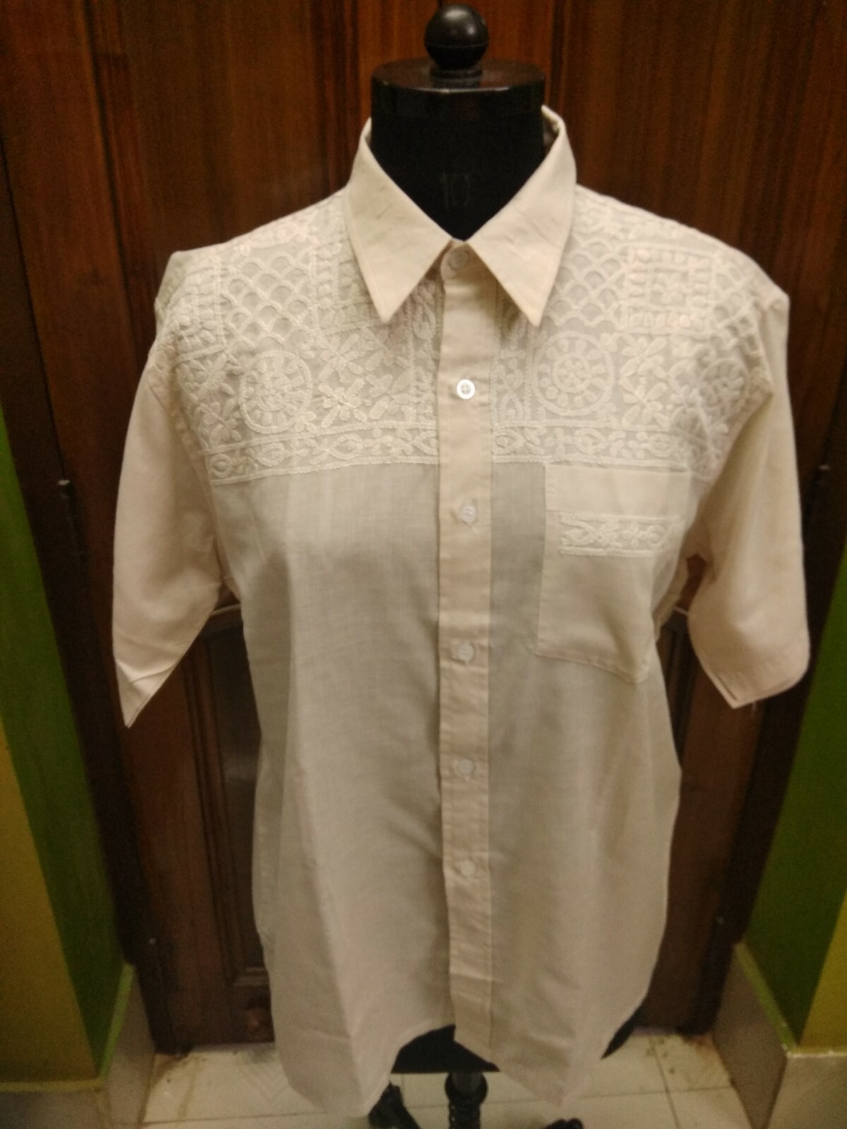 100%COTTON HOT MEN SHORT SLEEVES SHIRT 2XL 46″ ETHNIC HANDMADE CHIKAN EMBROIDERY
