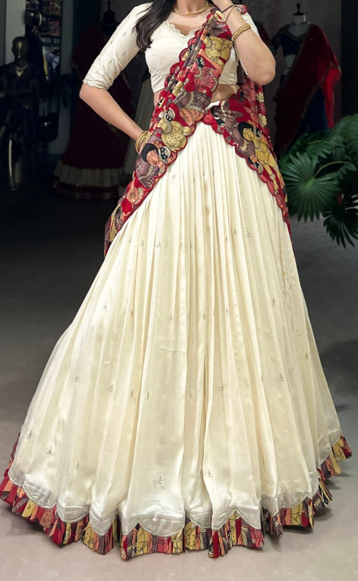 New Collection Off White Vichitra Silk Lehenga Choli With Dupatta For Women